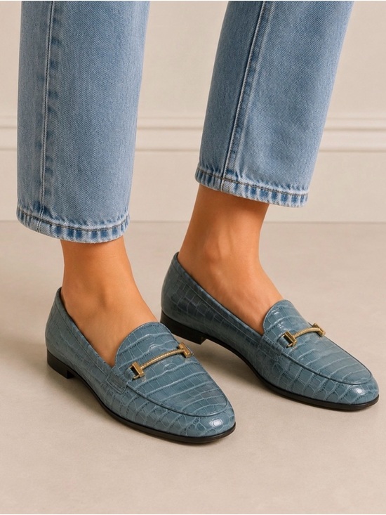 Sam Edelman Shoes - Sam Edelman Women's Croc-Embossed Loafers in Light Teal with Gold Bit